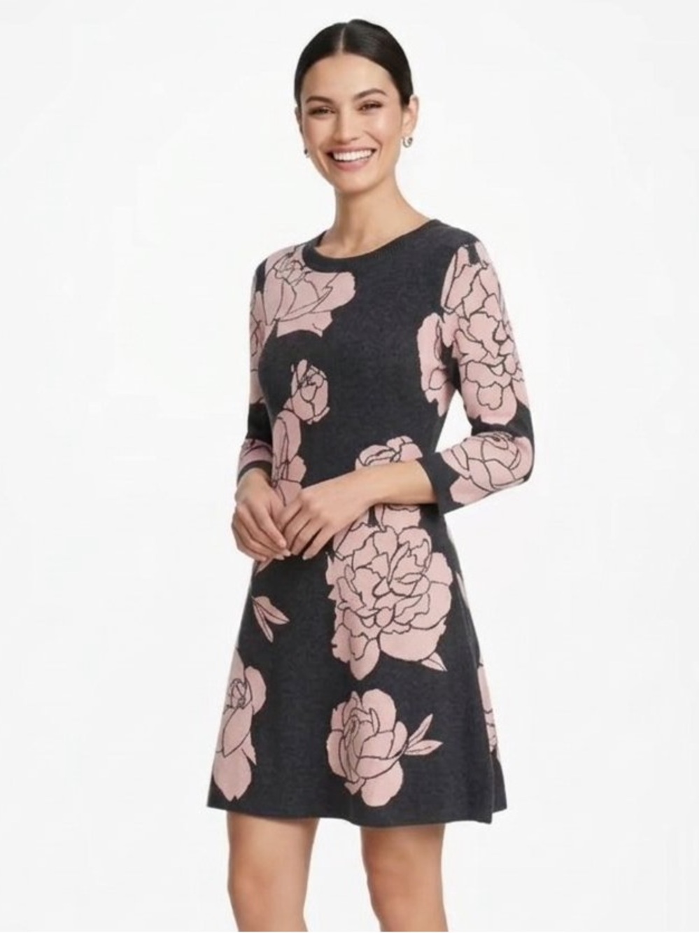 Calvin Klein Charcoal Grey Fit & Flare Sweater Dress with Blush Florals Sz Large